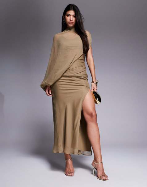 ASOS DESIGN - Vestito lungo accollato con drappeggio asimmetrico e cut-out color tortora - view 1