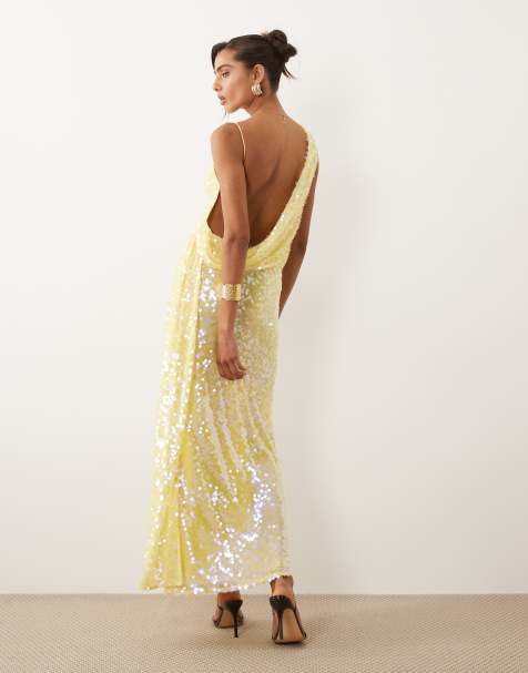 ASOS DESIGN - Vestito lungo accollato con drappeggio sul retro giallo con paillettes - view 1