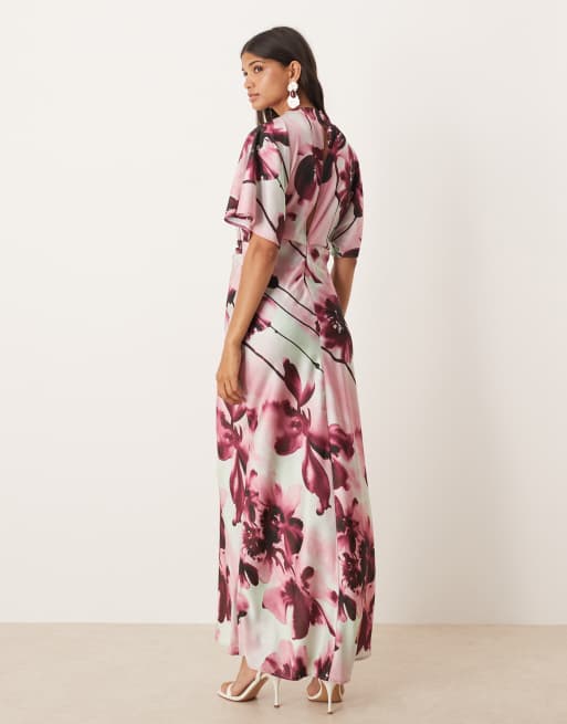 ASOS DESIGN - Vestito lungo accollato con manica con volant e stampa a fiori rosa in raso, 4 di 4