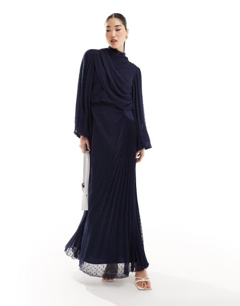 ASOS DESIGN - Vestito lungo accollato con top a portafoglio a pieghe in plumetis blu navy - view 1