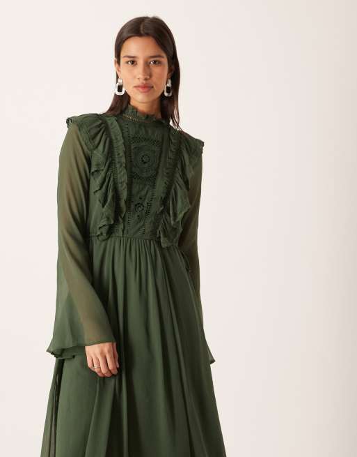 ASOS DESIGN - Vestito lungo accollato con volant e inserti in pizzo verde bosco con allacciatura, 2 di 4