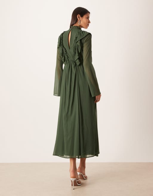 ASOS DESIGN - Vestito lungo accollato con volant e inserti in pizzo verde bosco con allacciatura, 4 di 4