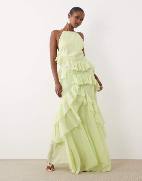 ASOS DESIGN - Vestito lungo accollato con volant sul retro color lime - view 1