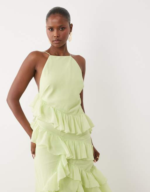 ASOS DESIGN - Vestito lungo accollato con volant sul retro color lime, 3 di 4