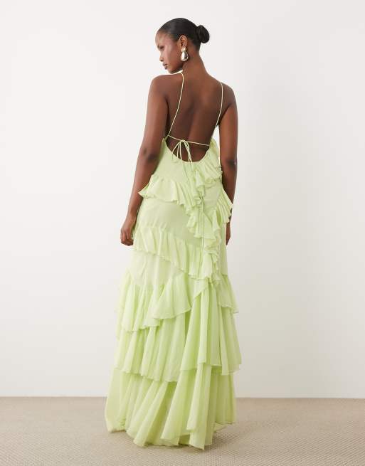 ASOS DESIGN - Vestito lungo accollato con volant sul retro color lime, 4 di 4