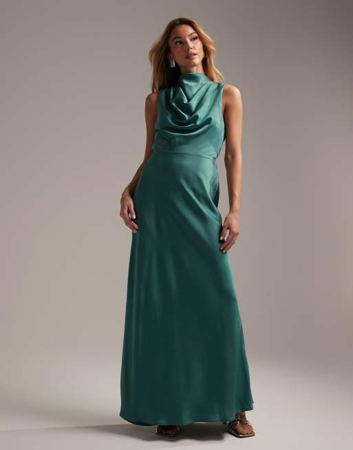 ASOS DESIGN - Vestito lungo accollato da damigella con scollo ad anello e laccetti verde-azzurro, 5 di 5