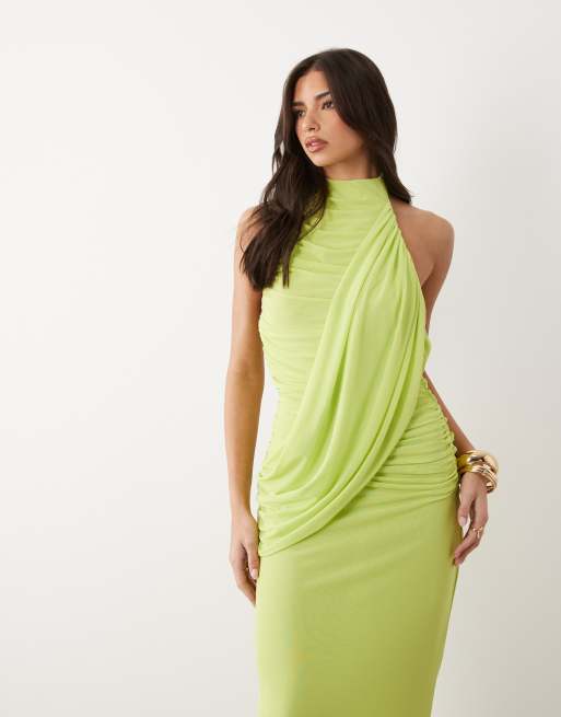 ASOS DESIGN - Vestito lungo accollato drappeggiato color lime, 4 di 4