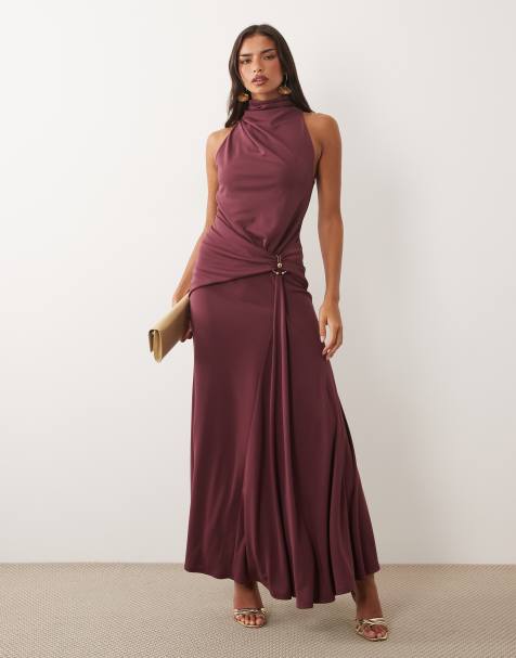 ASOS DESIGN - Vestito lungo accollato drappeggiato color malva con finiture - view 1