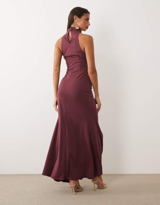 ASOS DESIGN - Vestito lungo accollato drappeggiato color malva con finiture, 2 di 4