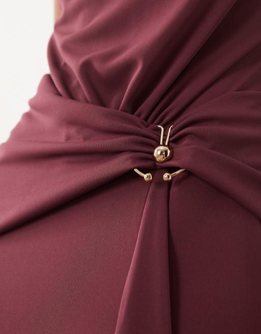 ASOS DESIGN - Vestito lungo accollato drappeggiato color malva con finiture, 4 di 4