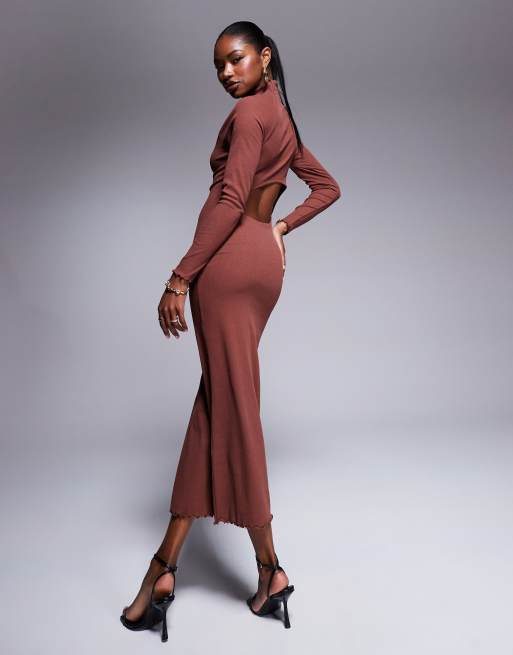 ASOS DESIGN - Vestito lungo accollato e a maniche lunghe ad ali di pipistrello marrone a coste, 3 di 4