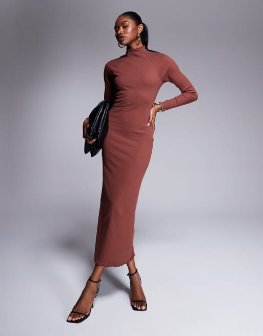 ASOS DESIGN - Vestito lungo accollato e a maniche lunghe ad ali di pipistrello marrone a coste, 4 di 4