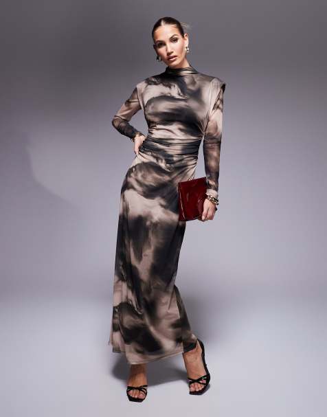 ASOS DESIGN - Vestito lungo accollato e a maniche lunghe con stampa marmorizzata tono su tono - view 1