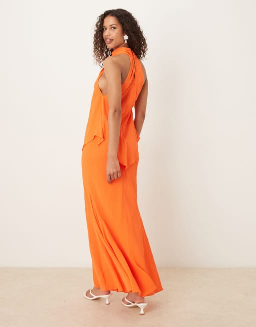 ASOS DESIGN - Vestito lungo accollato in chiffon color mandarino a doppio strato, 3 di 4