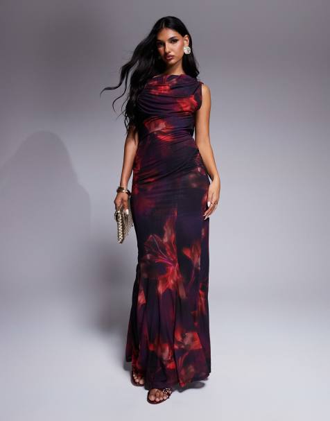 ASOS DESIGN - Vestito lungo accollato in chiffon elasticizzato con stampa a fiori e scollo ad anello - view 1