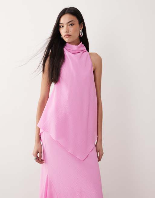 ASOS DESIGN - Vestito lungo accollato in chiffon rosa zucchero a doppio strato, 3 di 4
