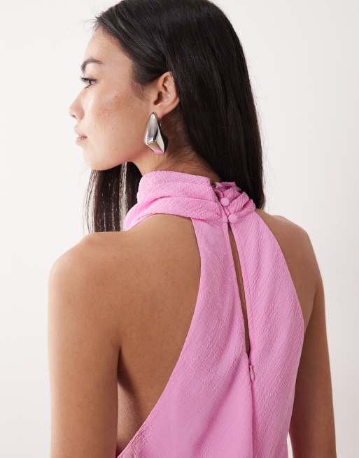 ASOS DESIGN - Vestito lungo accollato in chiffon rosa zucchero a doppio strato, 4 di 4