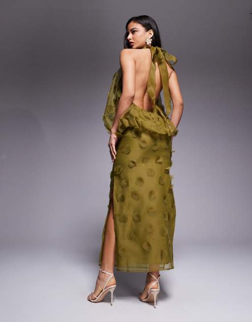 ASOS DESIGN - Vestito lungo accollato in organza verde scuro allacciato al collo, 3 di 4