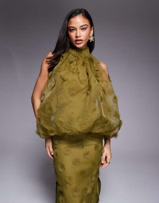 ASOS DESIGN - Vestito lungo accollato in organza verde scuro allacciato al collo, 4 di 4