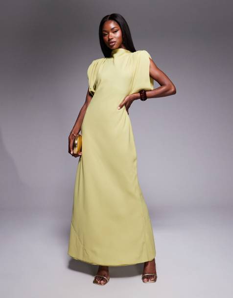 ASOS DESIGN - Vestito lungo accollato in raso oliva con scollo ad anello sul retro e spalline imbottite - view 1