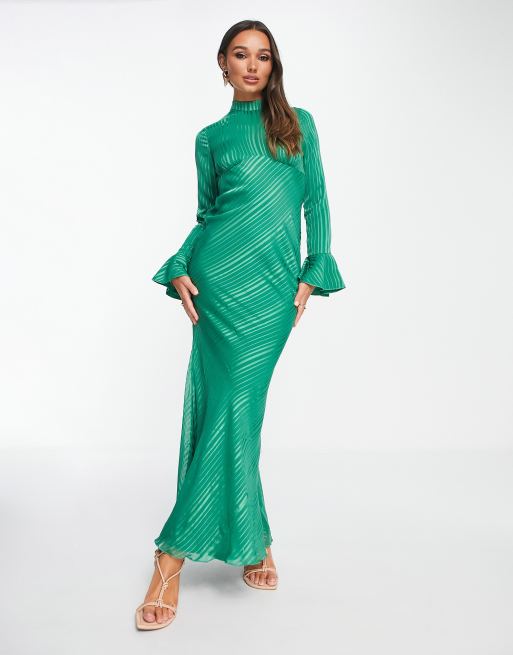 ASOS DESIGN - Vestito lungo accollato in raso verde a righe con polsini ampi, 4 di 4