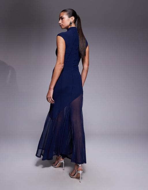 ASOS DESIGN - Vestito lungo accollato in rete blu navy con cuciture a vista, 3 di 4
