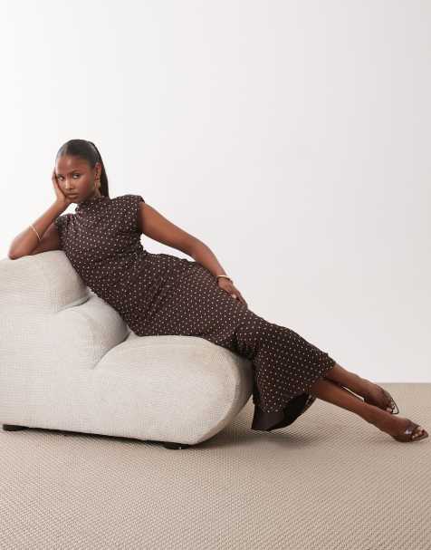 ASOS DESIGN - Vestito lungo accollato in rete con stampa a pois e spalline imbottite - view 1