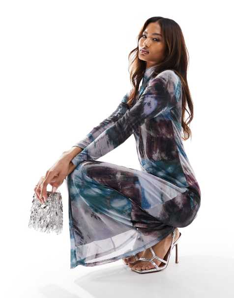 ASOS DESIGN - Vestito lungo accollato in rete stampata con dettaglio a portafoglio - view 1