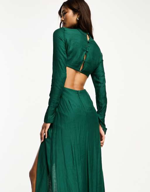 ASOS DESIGN - Vestito lungo accollato incrociato in vita verde, 2 di 4