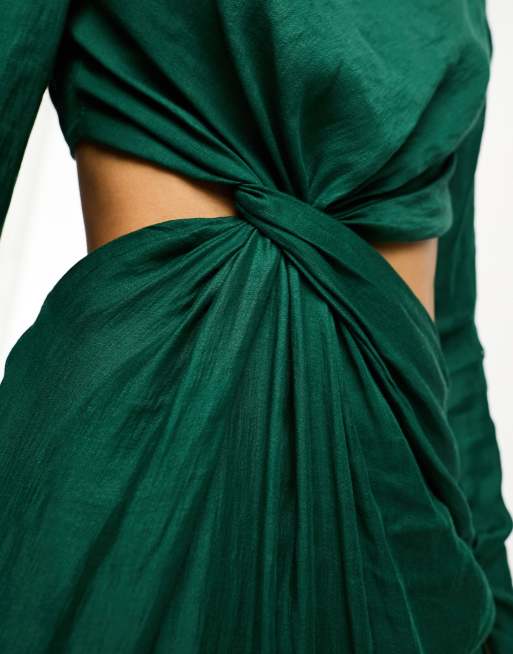 ASOS DESIGN - Vestito lungo accollato incrociato in vita verde, 3 di 4