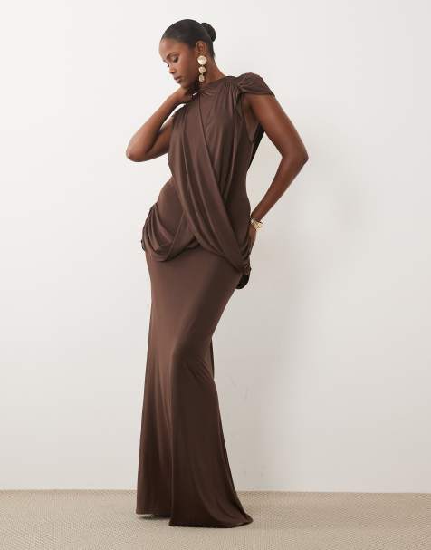 ASOS DESIGN - Vestito lungo accollato marrone cioccolato con corpetto drappeggiato - view 1