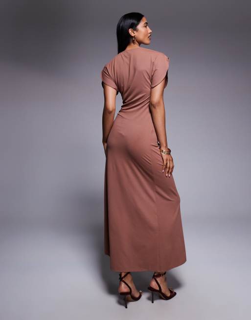 ASOS DESIGN - Vestito lungo accollato marrone con manica con volant e arricciatura, 3 di 4