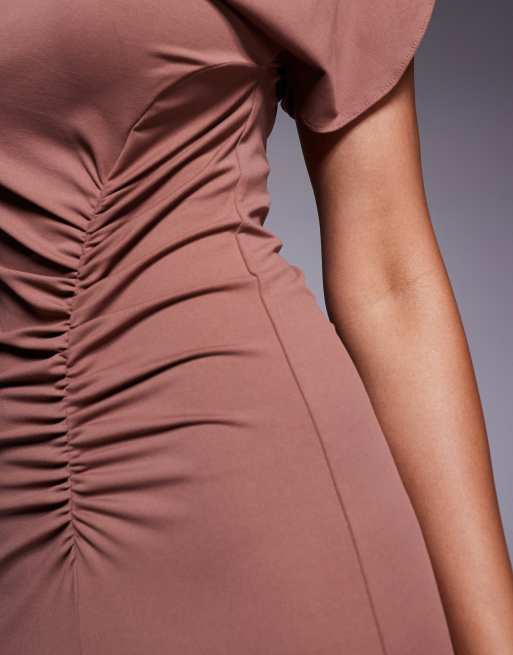 ASOS DESIGN - Vestito lungo accollato marrone con manica con volant e arricciatura, 4 di 4