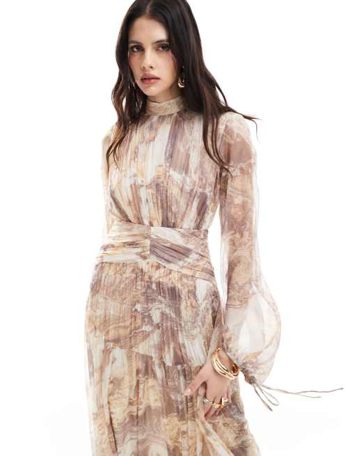 ASOS DESIGN - Vestito lungo accollato marrone marmorizzato con dettaglio a spina di pesce arricciato