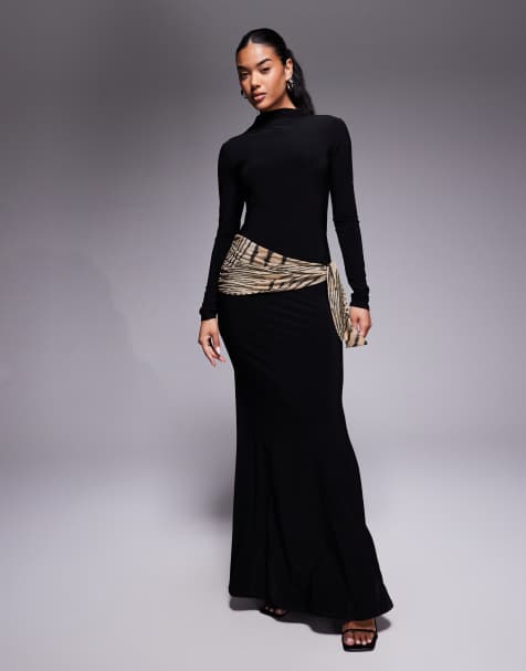 ASOS DESIGN - Vestito lungo accollato nero con schiena scoperta e dettaglio stile sciarpa stampato - view 1