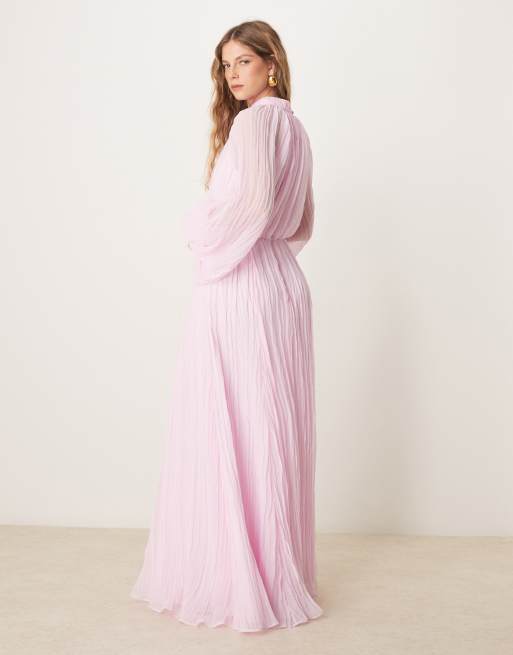 ASOS DESIGN - Vestito lungo accollato rosa chiaro stropicciato a pieghe con maniche a campana, 4 di 4
