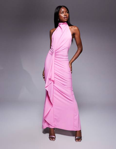 ASOS DESIGN - Vestito lungo accollato rosa in jersey modellante drappeggiato con volant - view 1