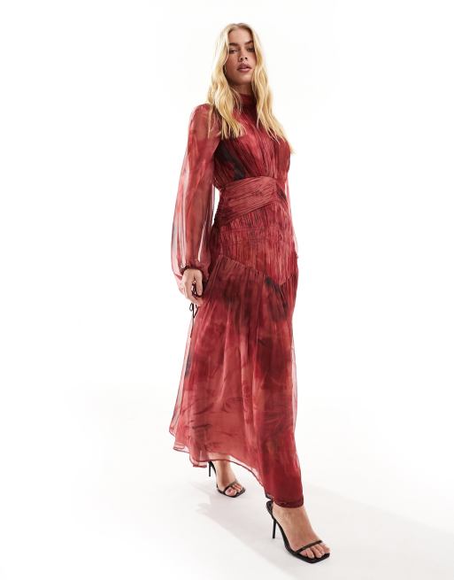ASOS DESIGN - Vestito lungo accollato rosso con stampa sfocata e dettaglio a spina di pesce arricciato