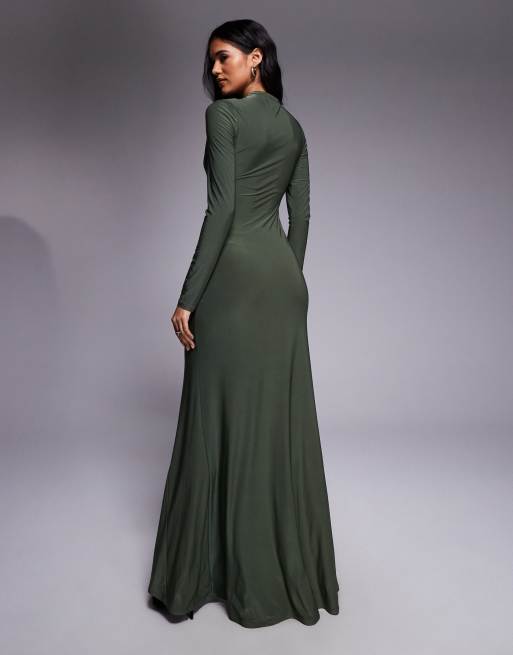 ASOS DESIGN - Vestito lungo accollato sinuoso verde con gonna arricciata, 3 di 4