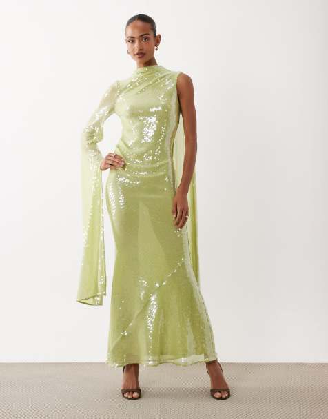 ASOS DESIGN - Vestito lungo accollato verde chiaro con paillettes e manica singola - view 1