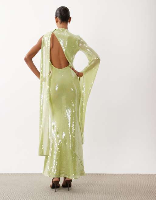 ASOS DESIGN - Vestito lungo accollato verde chiaro con paillettes e manica singola, 2 di 4