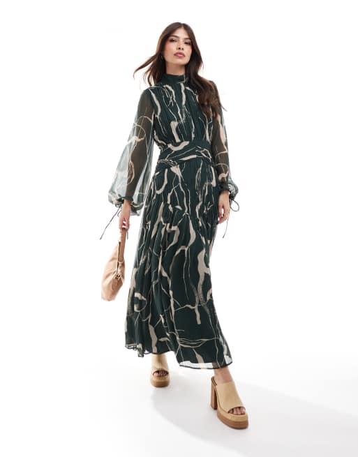 ASOS DESIGN - Vestito lungo accollato viola con stampa sfocata e dettaglio a spina di pesce arricciato