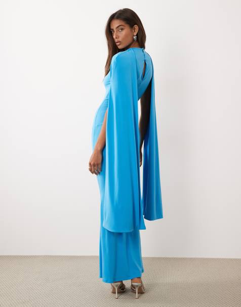 ASOS DESIGN - Vestito lungo aderente senza maniche blu con mantella ampia - view 1