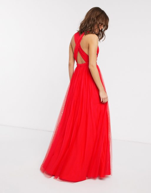 Asos Design Vestito Lungo Alla Greca In Tulle A Strati Rosso Con Scollo Profondo Asos