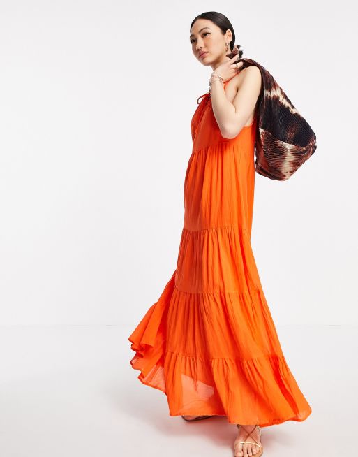 ASOS DESIGN - Vestito lungo allacciato al collo a balze arancione