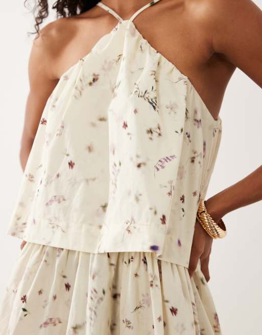 ASOS DESIGN - Vestito lungo allacciato al collo a doppio strato con stampa a fiorellini sfuocata, 4 di 4