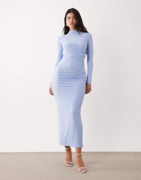 ASOS DESIGN - Vestito lungo allacciato al collo a maniche lunghe in rete blu con dettaglio attorcigliato sul bustino - view 1
