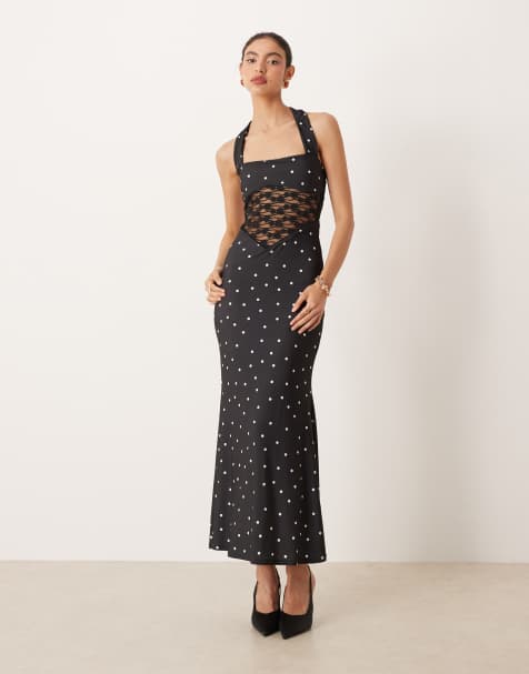 ASOS DESIGN - Vestito lungo allacciato al collo a pois con inserto in pizzo - view 1