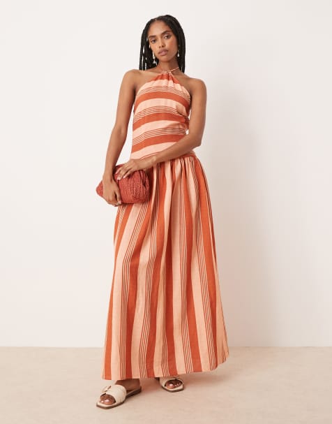 ASOS DESIGN - Vestito lungo allacciato al collo a righe color terracotta con vita scesa - view 1