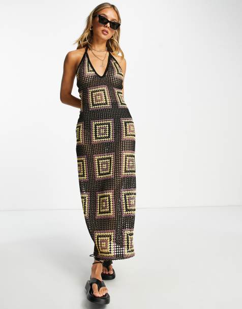 ASOS DESIGN - Vestito lungo allacciato al collo all'uncinetto nero con stampa a quadri - view 1